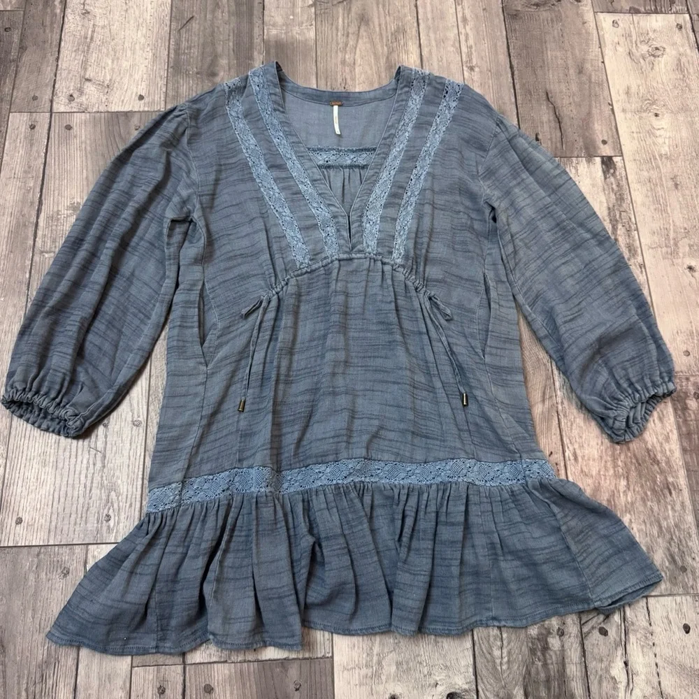 Free People Sky Wash Blue Swing Dress Lace Hippie Boho XS Bubble Sleeve